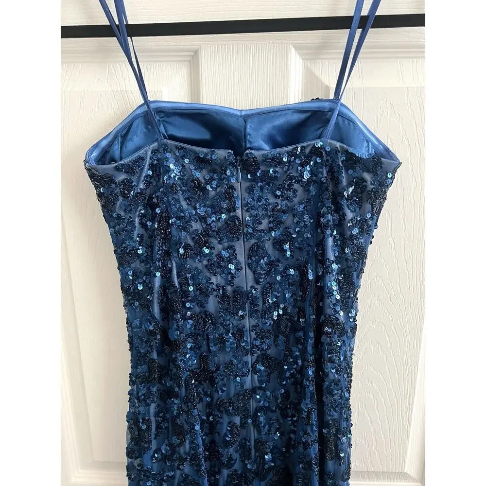 CACHE Vintage Y2K Blue Sequin Mesh Strapless Maxi Long Gown Dress - Picture 5 of 14
